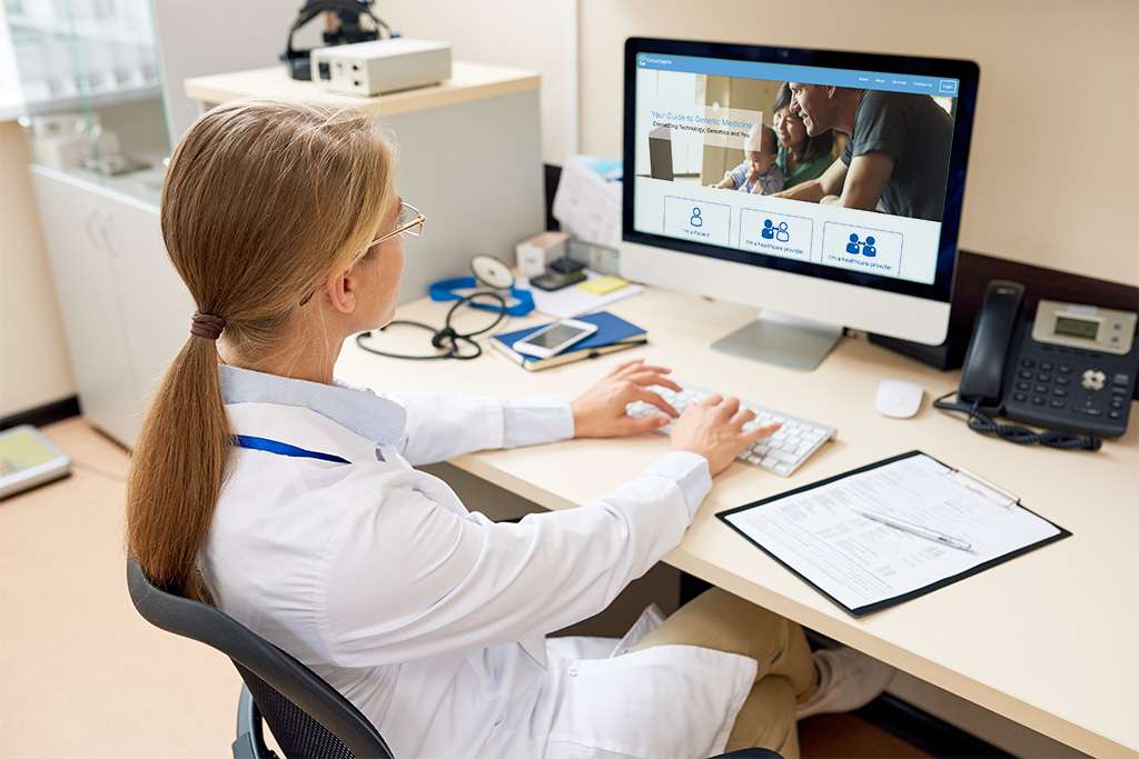 Physician on computer looking at Consultagene website